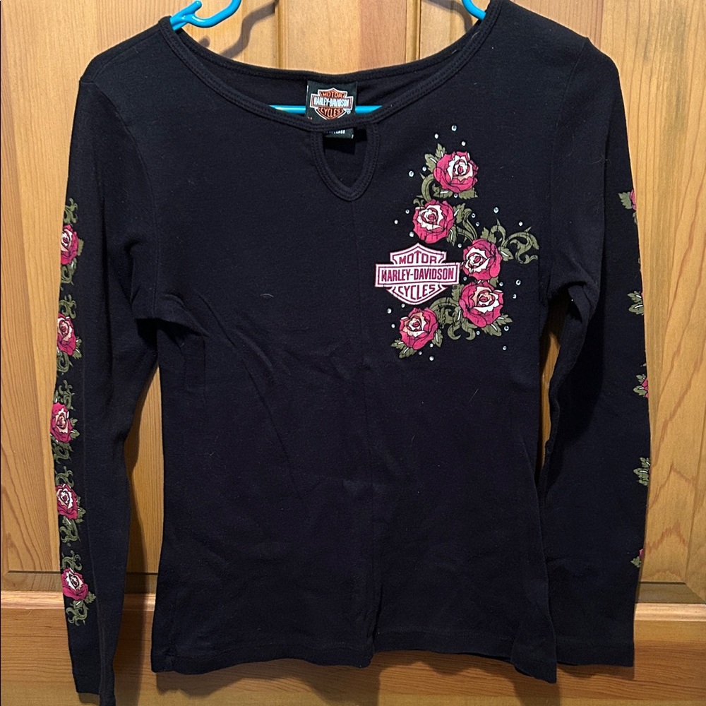 Harley-Davidson Black Top with Pink Rose Design